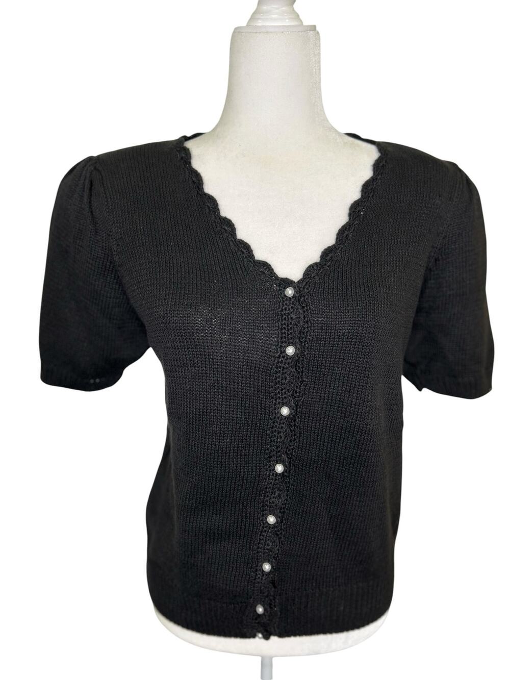 Margules Black Scalloped V-Neck Pearl Button Down Short Sleeve Sweater Vintage